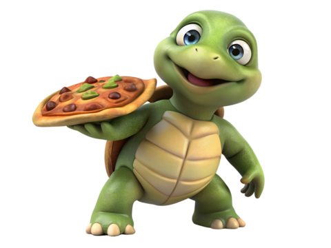 Cartoon turtle character holding a pizza isolated on transparent background