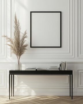 Elegant Minimalist Living Room with Console Table and Blank Frame on Wall, Modern Home Decor Inspiration, Stylish Interior Design Ideas