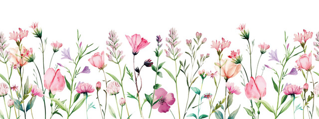 Wild Field flowers Watercolor frame illustration Botanical hand drawn garden plants. Seamless pattern border herbs and leaves for bouquets and natural elements for cards and invitation