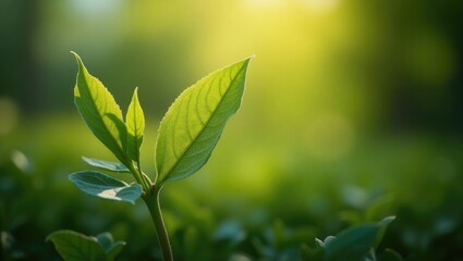 Obraz premium Fresh green leaves emerging in the sunlight.