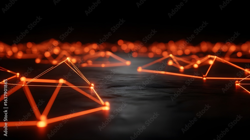 Poster orange glowing network of interconnected points and lines on a dark surface.