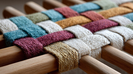 Colorful woven fabric display on wooden loom close-up.