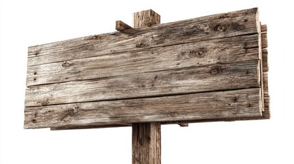 Weathered wooden signpost against a white background, offering versatile space for custom messages and announcements