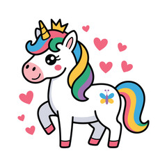 Adorable cartoon unicorn with rainbow mane and tail, golden crown, surrounded by pink hearts, cute magical fantasy illustration for kids and decoration.