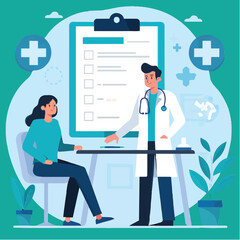 Doctor discussing medical checklist with a female patient in a clinic setting
