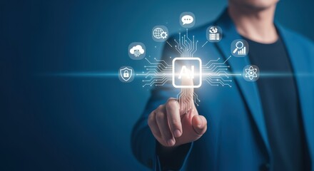 Artificial Intelligence Concept: Man Interacting with AI Interface, Exploring Digital Solutions and Advanced Technologies on Blue Background