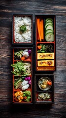 Delicious japanese bento box lunch with rice vegetables and tofu for healthy eating and balanced diet meal