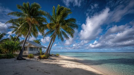 Obraz premium Idyllic Tropical Beach Getaway with Palm Trees, White Sand, and Crystal Clear Turquoise Water