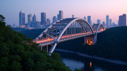 Obraz premium An arch bridge spans a river, with city skyscrapers in the background at dusk. Car lights create streaks on the bridge, surrounded by greenery.