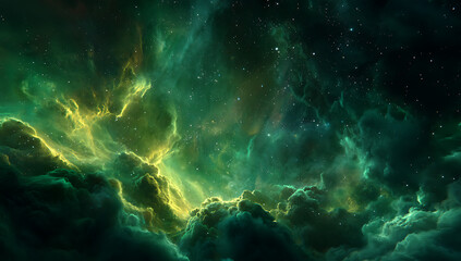 Fototapeta premium Vibrant green and yellow cosmic nebula with numerous stars space galaxy