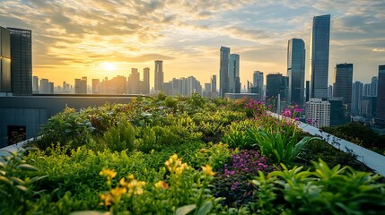 Fototapeta premium Green Roof with City Skyline View at Sunset - Sustainable Architecture