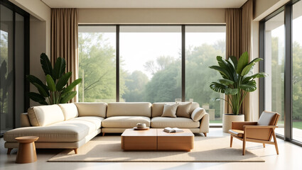 A modern living room with a beige L shaped sofa, wooden coffee table, armchair, and large plants, featuring floor to ceiling windows showing a green outdoor view.