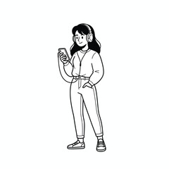 Black and white line art of a smiling girl with headphones listening to music on her smartphone.