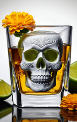 Festive Sugar Skull Cocktail with Orange Marigold and Lime Garnish