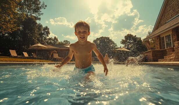 Happy young boy splashing and playing in a backyard swimming pool on a sunny summer day with house and outdoor furniture in the background