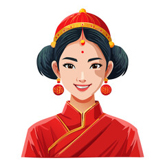 Smiling Woman Portrait in Traditional Red Chinese Attire Ornamented Headdress and Earrings