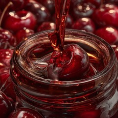 Ripe cherries falling into a jar of dark maple syrup, thick liquid swirling, rich red and deep brown colors blending, high-detail macro photo