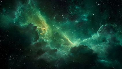 Vibrant green and yellow nebula with stars in deep space galaxy cosmos