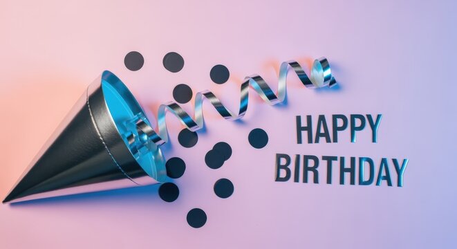 Celebratory Still Life with Party Hat, Confetti, and Ribbon for Birthday Greetings and Celebrations