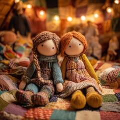 Soft knitted dolls dressed in handmade clothes, arranged on a patchwork quilt, warm lighting and cozy home vibe