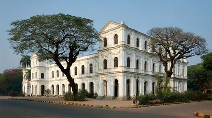 Naklejka premium A large, white colonial building stands on a city street.