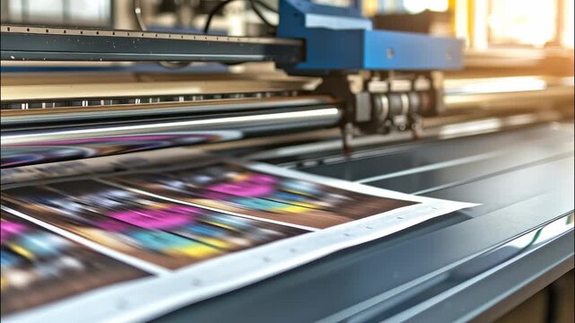 Industrial printing machine printing shop photos colorful vinyl sheets in typography or print on video 4k