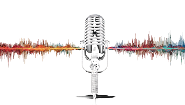 Vintage microphone with colorful sound wave visualization on black retro audio