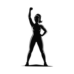 Strong confident woman silhouette raising fist in victory, female empowerment athlete standing power pose, fitness motivation, determination, success, feminist concept vector.