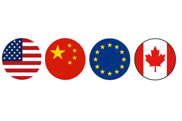 Horizontal set of four round country flag icons including USA, China, EU, and Canada, clean vector-style design on transparent background