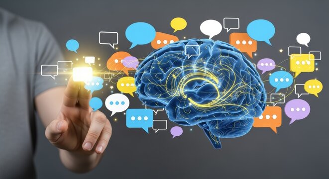 Conceptual Brain Illustration with Speech Bubbles and Person Touching Screen, Representing Ideas and Communication - Powered by Adobe