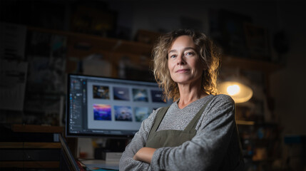 Portrait of a professional female artist or graphic designer in her creative studio at night