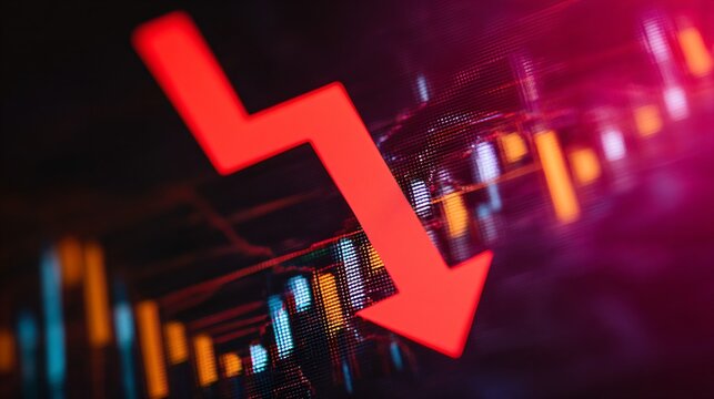 a downward arrow graph on a digital screen, symbolizing financial loss, with stock charts in the background, representing economic decline, recession, market downturn in modern business and finance