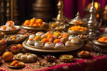Traditional Indian Sweets and Snacks Display.
