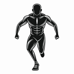 Powerful Muscular Man Running:  Bold Black and White Vintage Style Illustration, Determined Athlete in Motion, Fitness and Strength Concept,  High-Resolution Vector Graphic.