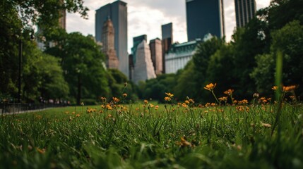 Urban Oasis: Lush Park with Wildflowers Against a City Skyline, Representing Balance and Tranquility