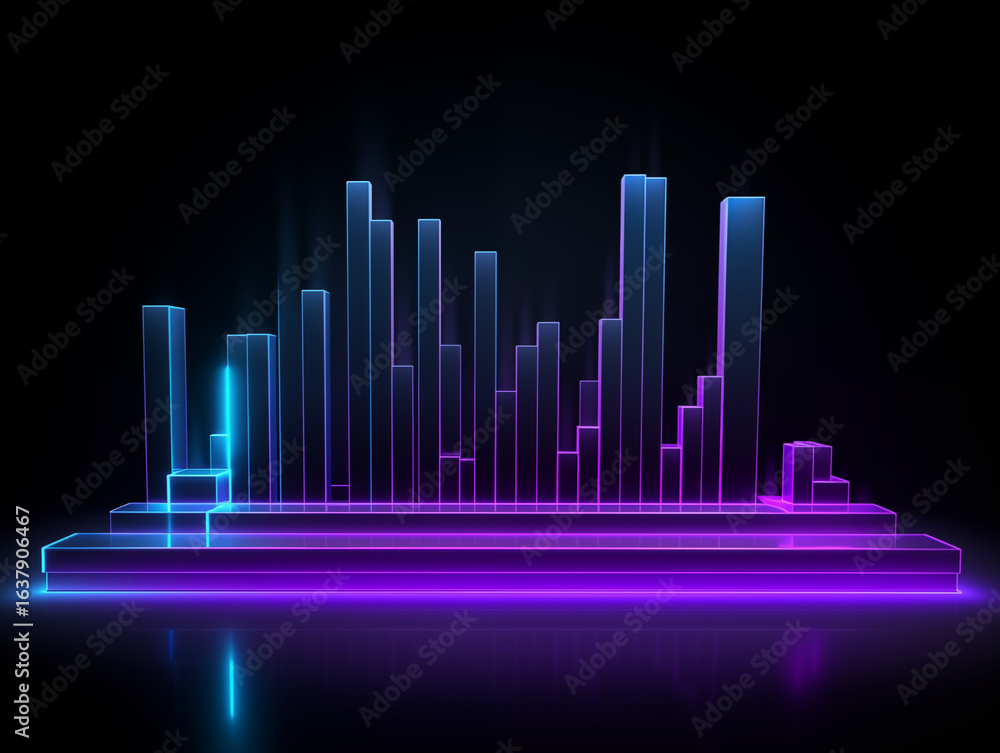 Poster dynamic glowing neon bar chart visualization pulsing with energy, perfect for tech presentations