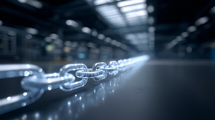 A digital chain with glowing links in a blurred factory, symbolizing blockchain technology