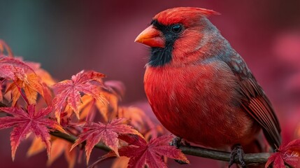 Northern Cardinal perched among vibrant autumn leaves, showcasing bright plumage and intense colors in nature's chaos