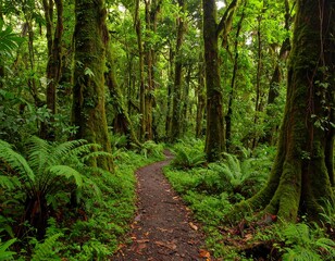 Obraz premium Lush green rainforest path winding through moss-covered trees and ferns