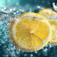 Slices of lemon falling into sparkling soda water, fizzing bubbles surrounding the slices, bright yellow and crystal-clear textures, refreshing feel 