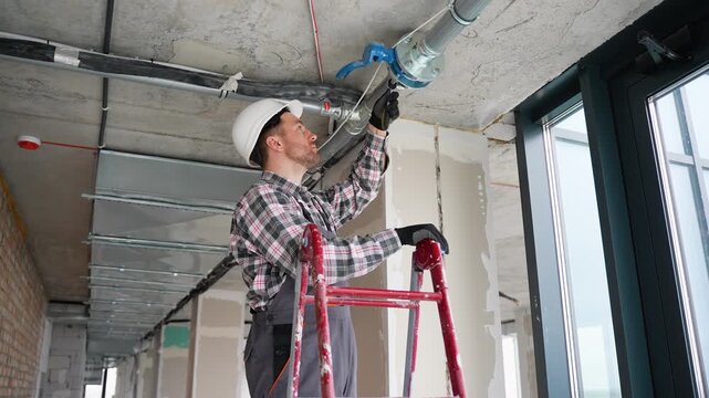 A plumber installs a fire protection pipe