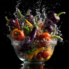 Assorted fresh vegetables including tomatoes, eggplants, and peppers falling simultaneously into a glass bowl of water, cascading bubbles and swirling currents, vibrant color contrasts, artistic still