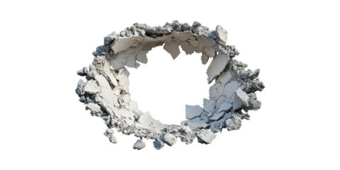 Concrete Wall With Large Hole. Symbol Of Destruction And Construction Opportunities Isolated On Transparent Background