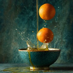 Oranges being squeezed over a bowl of olive oil, droplets mixing mid-air, vibrant orange and deep green color contrast, artistic still life composition
