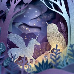 Fantasy paper-cut world with a baby dragon, unicorn, and owl, shimmering layered cardstock, magical forest backdrop, glow effects using layered vellum texture, fairy tale mood 