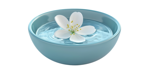 Flower Floating In Blue Bowl Of Water. Symbol Of Tranquility And Spa Relaxation Isolated On Transparent Background