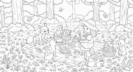 Charming coloring page of a little girl having a whimsical picnic with her cute animal friends in a sunny forest.