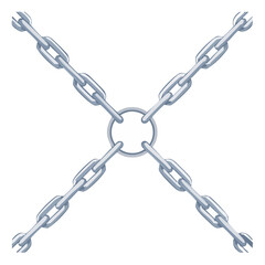 Linked metal chains intersecting with a central white circle on a black background