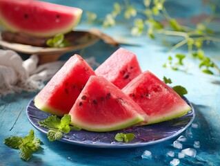 Presentation of fresh watermelon, summer snacks, light and refreshing foods typical for warm weather. 
