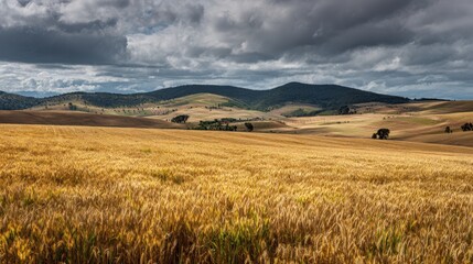 Rolling Golden Wheat Fields Under Dramatic Sky in Rural Landscape Photography